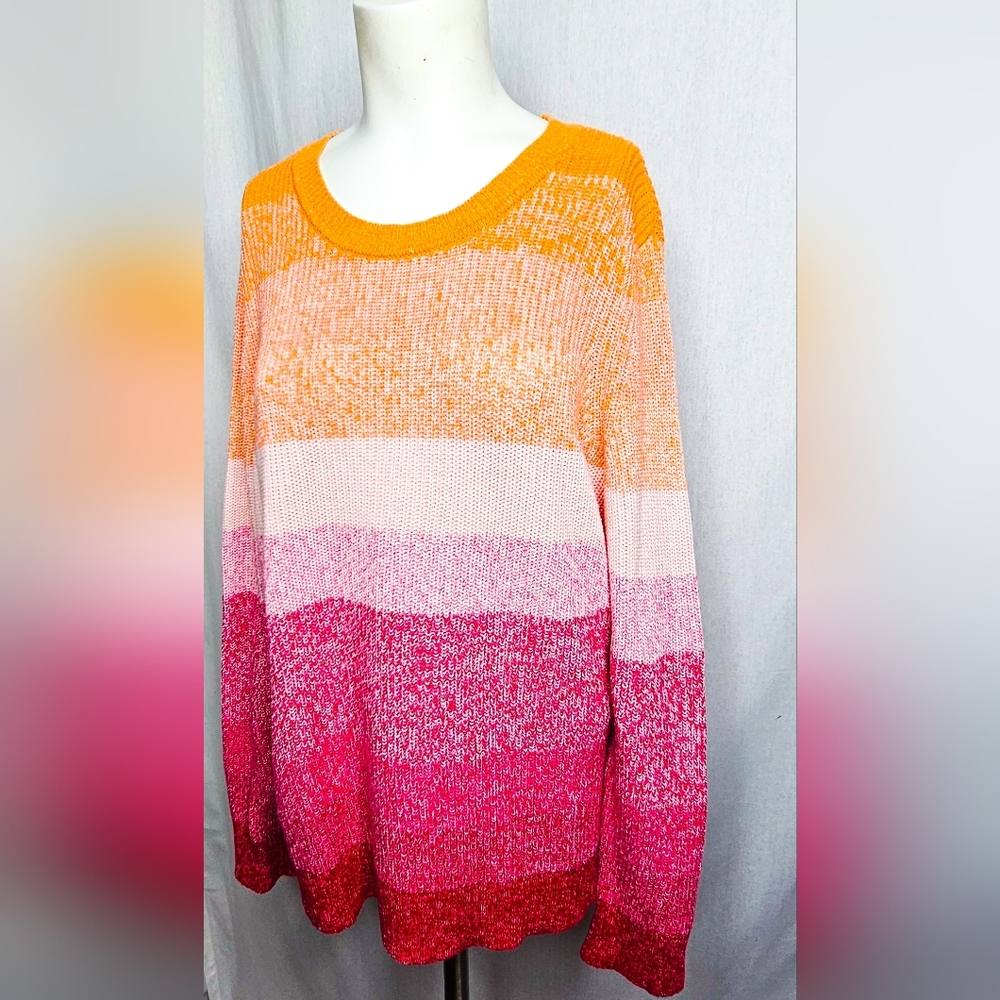 Talbots Pima Cotton Ombré Stripe Sweater Orange Pink Bright Knit Top Size L NWOT - Picture 3 of 6